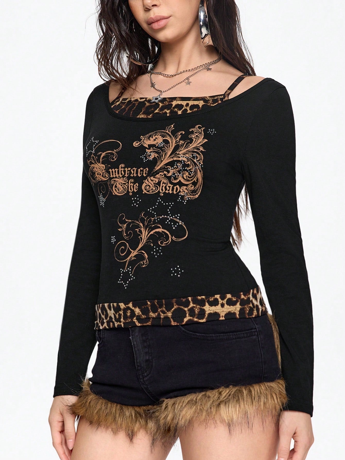ROMWE Grunge Punk Camiseta gráfica vintage de estilo Y2K con estrella, logo de vid y diseño de parches con estampado de leopardo, camiseta linda para mujer