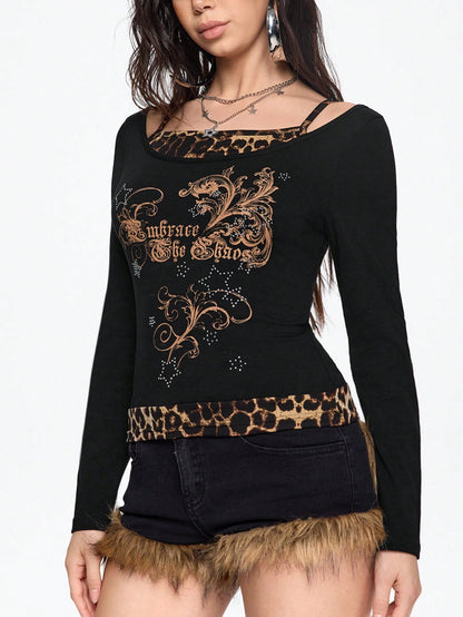 ROMWE Grunge Punk Camiseta gráfica vintage de estilo Y2K con estrella, logo de vid y diseño de parches con estampado de leopardo, camiseta linda para mujer