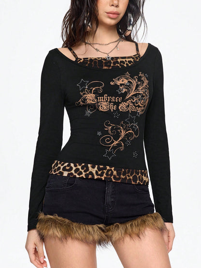 ROMWE Grunge Punk Camiseta gráfica vintage de estilo Y2K con estrella, logo de vid y diseño de parches con estampado de leopardo, camiseta linda para mujer