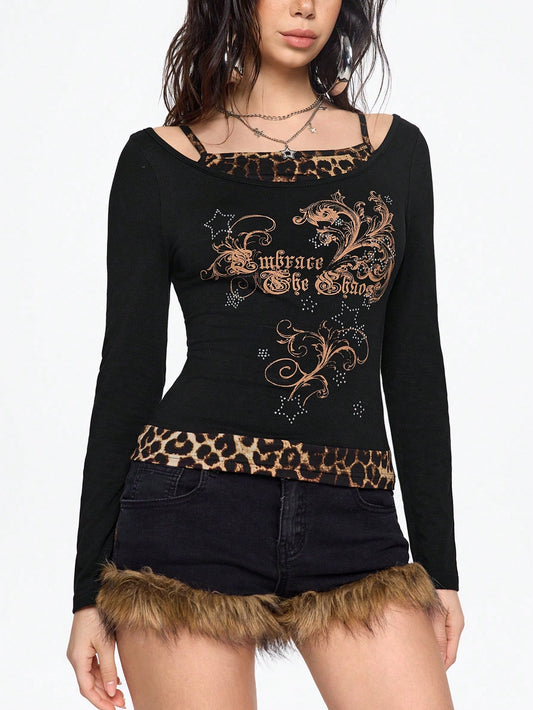 ROMWE Grunge Punk Camiseta gráfica vintage de estilo Y2K con estrella, logo de vid y diseño de parches con estampado de leopardo, camiseta linda para mujer