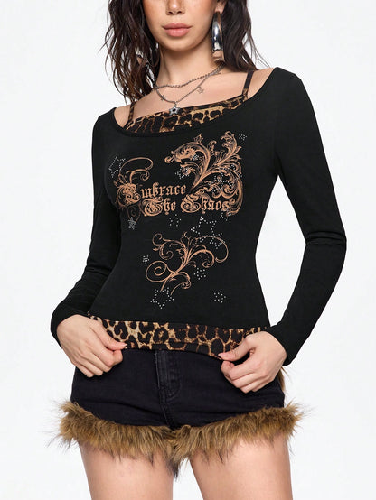 ROMWE Grunge Punk Camiseta gráfica vintage de estilo Y2K con estrella, logo de vid y diseño de parches con estampado de leopardo, camiseta linda para mujer