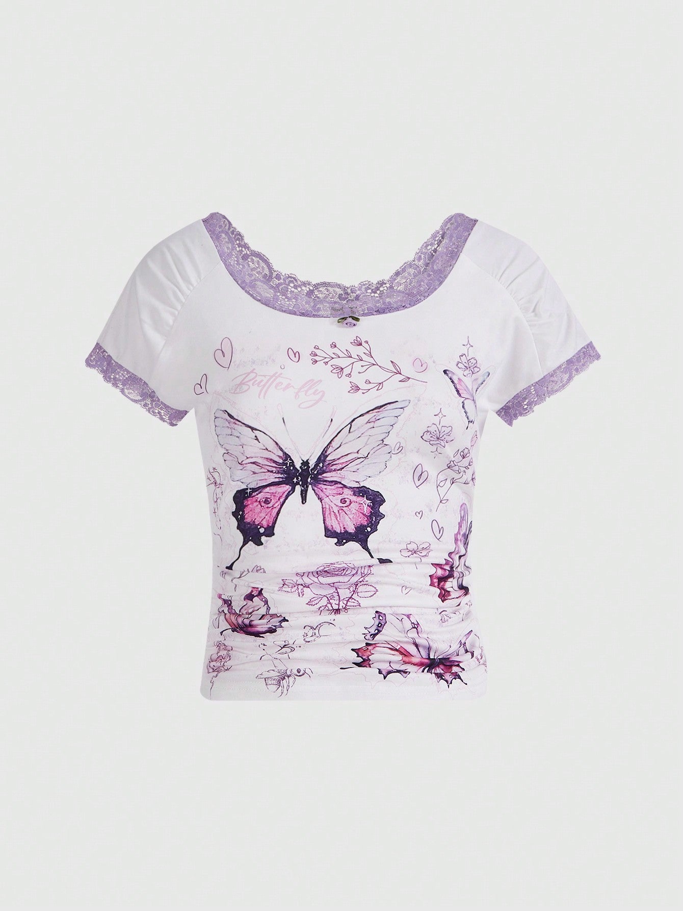 ROMWE Grunge Punk Camiseta lisa con pliegues en la cintura y estampado de mariposas, para primavera/verano