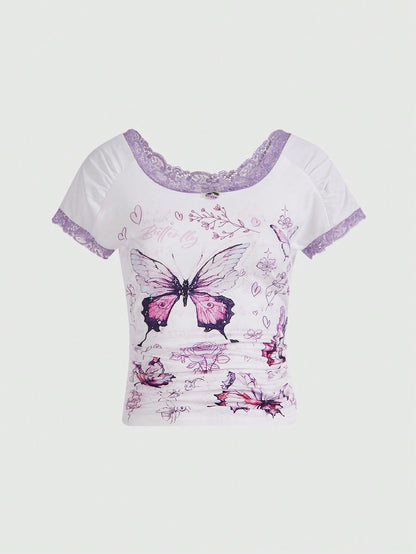 ROMWE Grunge Punk Camiseta lisa con pliegues en la cintura y estampado de mariposas, para primavera/verano