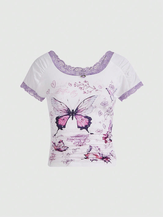 ROMWE Grunge Punk Camiseta lisa con pliegues en la cintura y estampado de mariposas, para primavera/verano