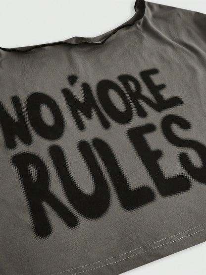 ROMWE Grunge Punk Camiseta suelta de mujer corta con hombros al descubierto, estampado de lema "NO talla grande REGLAS", escolar