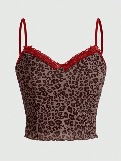 ROMWE Grunge Punk Camisola de encaje con estampado de leopardo