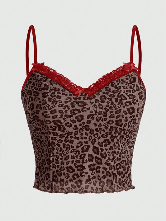 ROMWE Grunge Punk Camisola de encaje con estampado de leopardo
