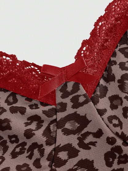 ROMWE Grunge Punk Camisola de encaje con estampado de leopardo