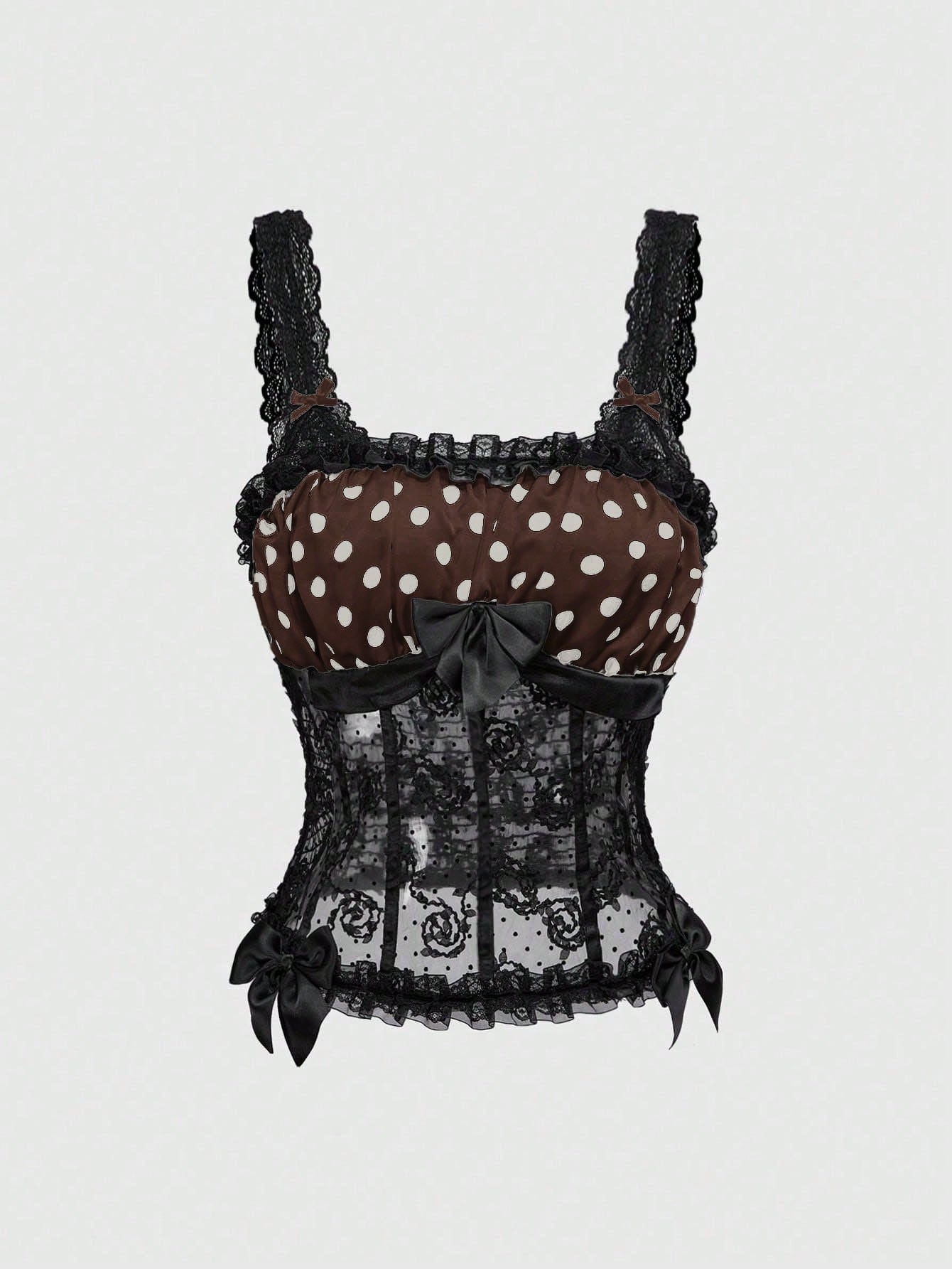 ROMWE Grunge Punk Camisola de mujer con contraste de encaje y lunares para el Día de San Valentín, estilo Y2K