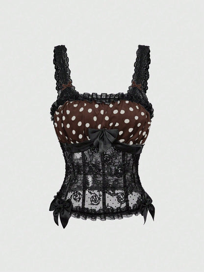 ROMWE Grunge Punk Camisola de mujer con contraste de encaje y lunares para el Día de San Valentín, estilo Y2K