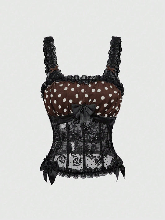 ROMWE Grunge Punk Camisola de mujer con contraste de encaje y lunares para el Día de San Valentín, estilo Y2K