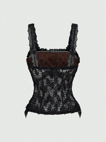 ROMWE Grunge Punk Camisola de mujer con contraste de encaje y lunares para el Día de San Valentín, estilo Y2K