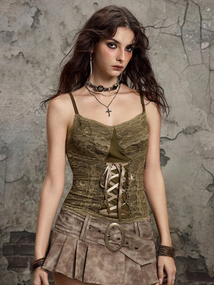 ROMWE Grunge Punk Chaleco tipo camiseta con diseño de cordones desgastado estilo grunge Y2K para mujeres