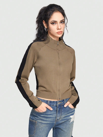 ROMWE Grunge Punk Chaqueta De Punto Con Cremallera Y Parche Para Mujer De Color Blocked