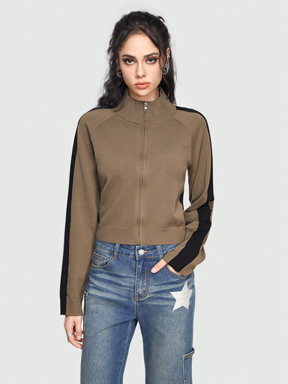 ROMWE Grunge Punk Chaqueta De Punto Con Cremallera Y Parche Para Mujer De Color Blocked