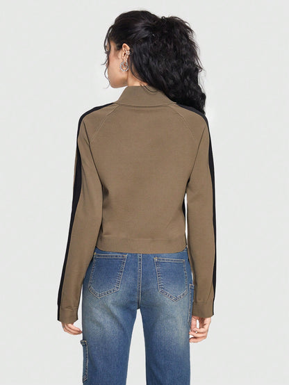 ROMWE Grunge Punk Chaqueta De Punto Con Cremallera Y Parche Para Mujer De Color Blocked