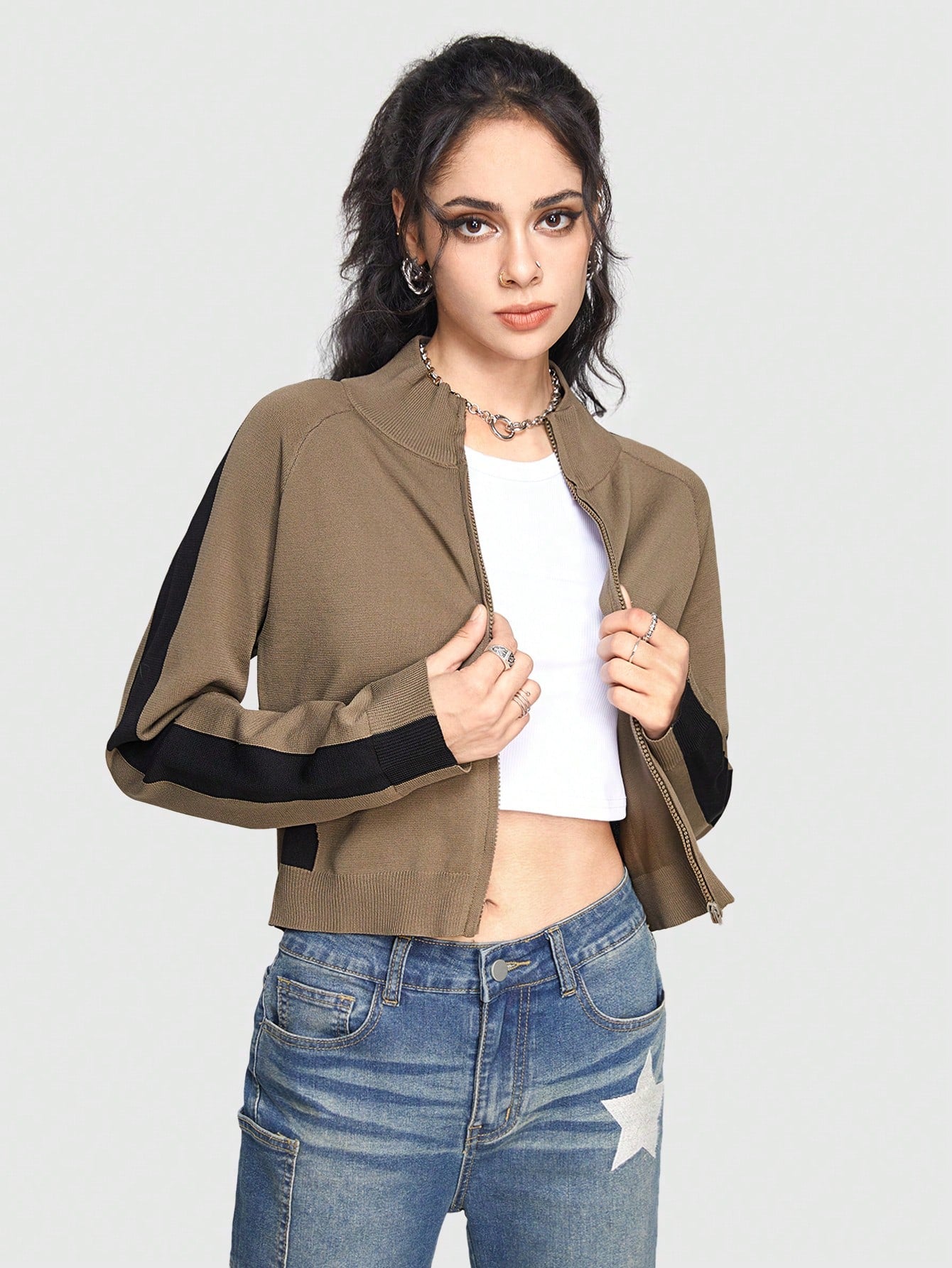 ROMWE Grunge Punk Chaqueta De Punto Con Cremallera Y Parche Para Mujer De Color Blocked