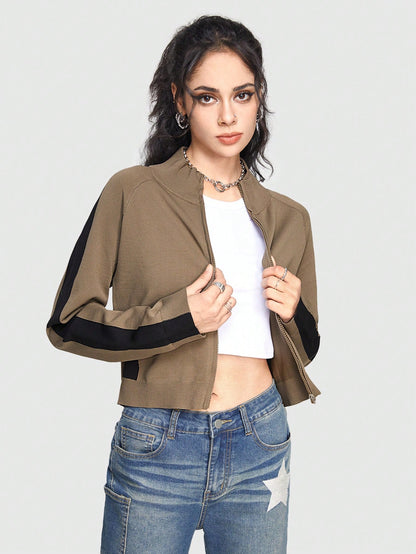 ROMWE Grunge Punk Chaqueta De Punto Con Cremallera Y Parche Para Mujer De Color Blocked