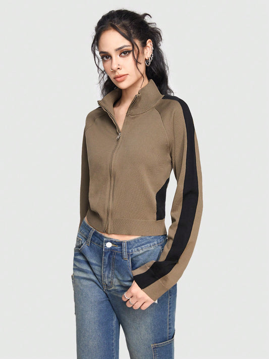 ROMWE Grunge Punk Chaqueta De Punto Con Cremallera Y Parche Para Mujer De Color Blocked