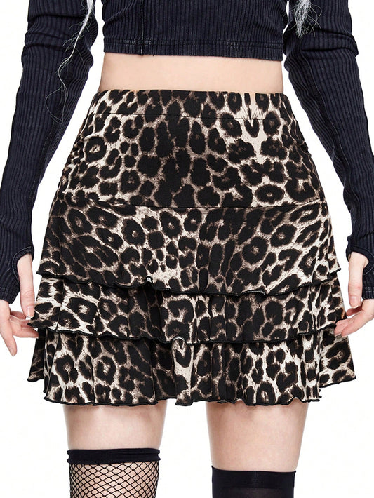 ROMWE Grunge Punk Falda de peplum con volantes de cintura fruncida con estampado de leopardo estilo Y2K Harajuku para mujer