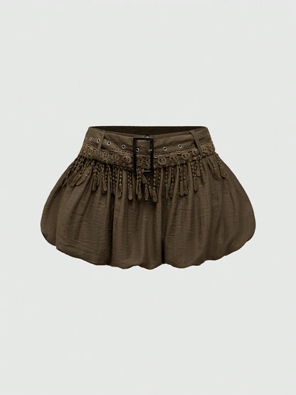ROMWE Grunge Punk Falda de peplum de cintura baja con diseño de flecos vintage