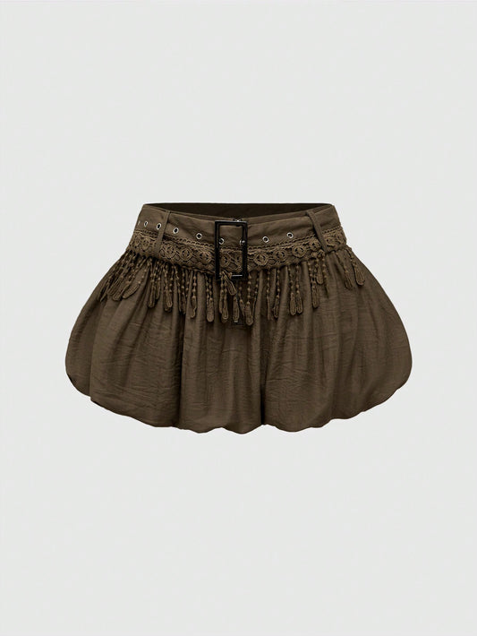 ROMWE Grunge Punk Falda de peplum de cintura baja con diseño de flecos vintage
