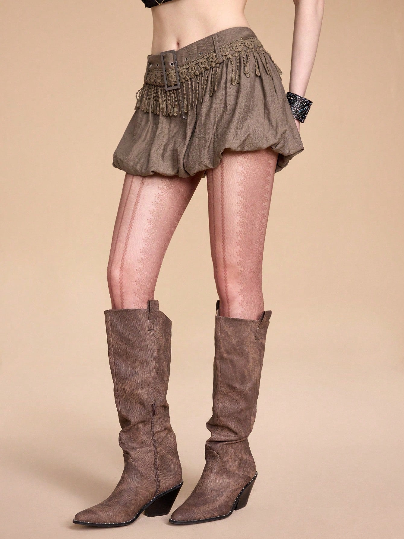 ROMWE Grunge Punk Falda de peplum de cintura baja con diseño de flecos vintage
