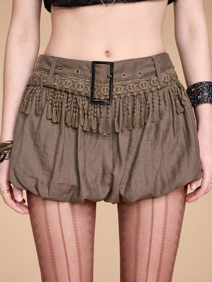 ROMWE Grunge Punk Falda de peplum de cintura baja con diseño de flecos vintage