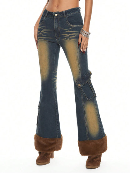 ROMWE Grunge Punk Jeans de mujer con pierna acampanada, cintura baja, parches desgarrados y dobladillo con pelo de Y2K