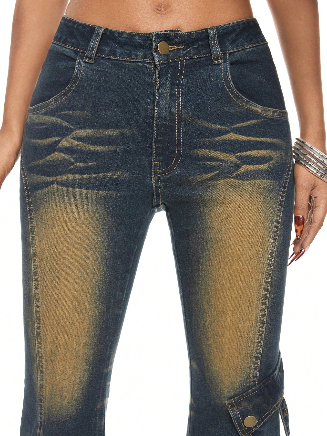 ROMWE Grunge Punk Jeans de mujer con pierna acampanada, cintura baja, parches desgarrados y dobladillo con pelo de Y2K