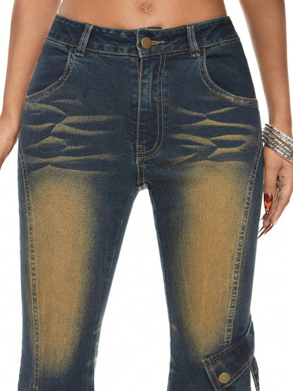 ROMWE Grunge Punk Jeans de mujer con pierna acampanada, cintura baja, parches desgarrados y dobladillo con pelo de Y2K