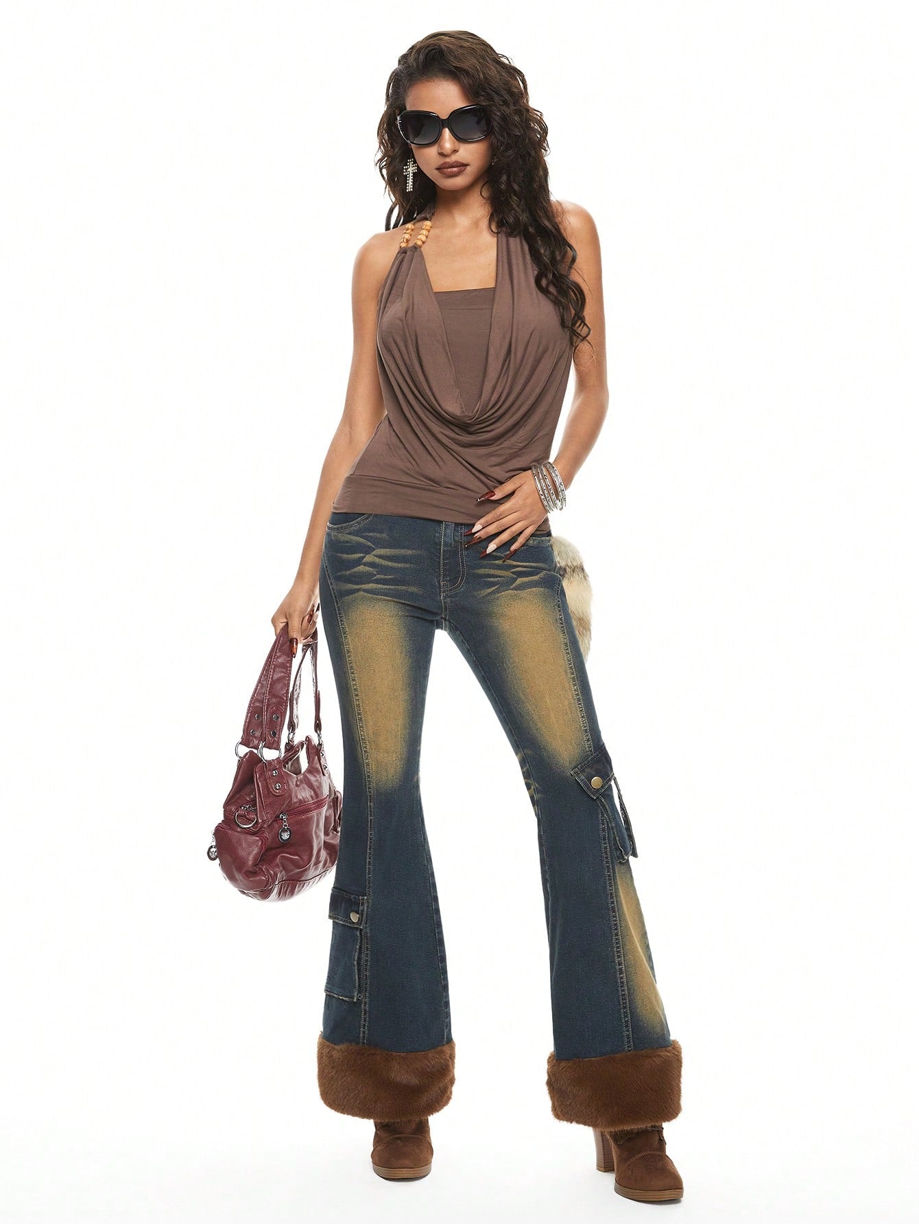 ROMWE Grunge Punk Jeans de mujer con pierna acampanada, cintura baja, parches desgarrados y dobladillo con pelo de Y2K