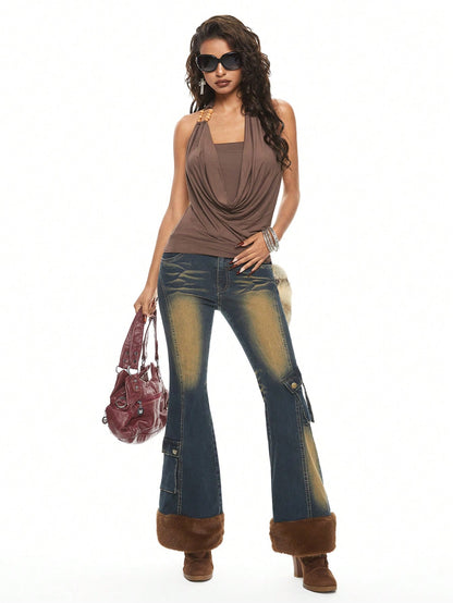 ROMWE Grunge Punk Jeans de mujer con pierna acampanada, cintura baja, parches desgarrados y dobladillo con pelo de Y2K