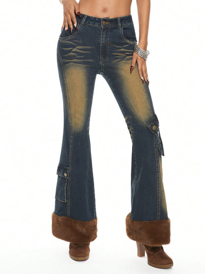 ROMWE Grunge Punk Jeans de mujer con pierna acampanada, cintura baja, parches desgarrados y dobladillo con pelo de Y2K