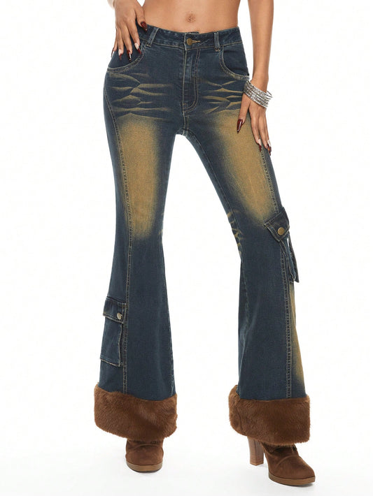 ROMWE Grunge Punk Jeans de mujer con pierna acampanada, cintura baja, parches desgarrados y dobladillo con pelo de Y2K