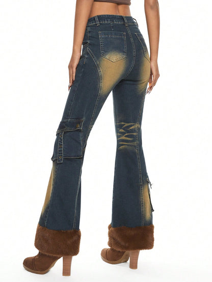 ROMWE Grunge Punk Jeans de mujer con pierna acampanada, cintura baja, parches desgarrados y dobladillo con pelo de Y2K