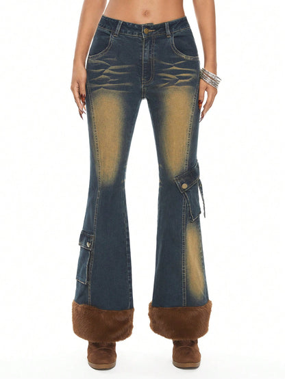 ROMWE Grunge Punk Jeans de mujer con pierna acampanada, cintura baja, parches desgarrados y dobladillo con pelo de Y2K