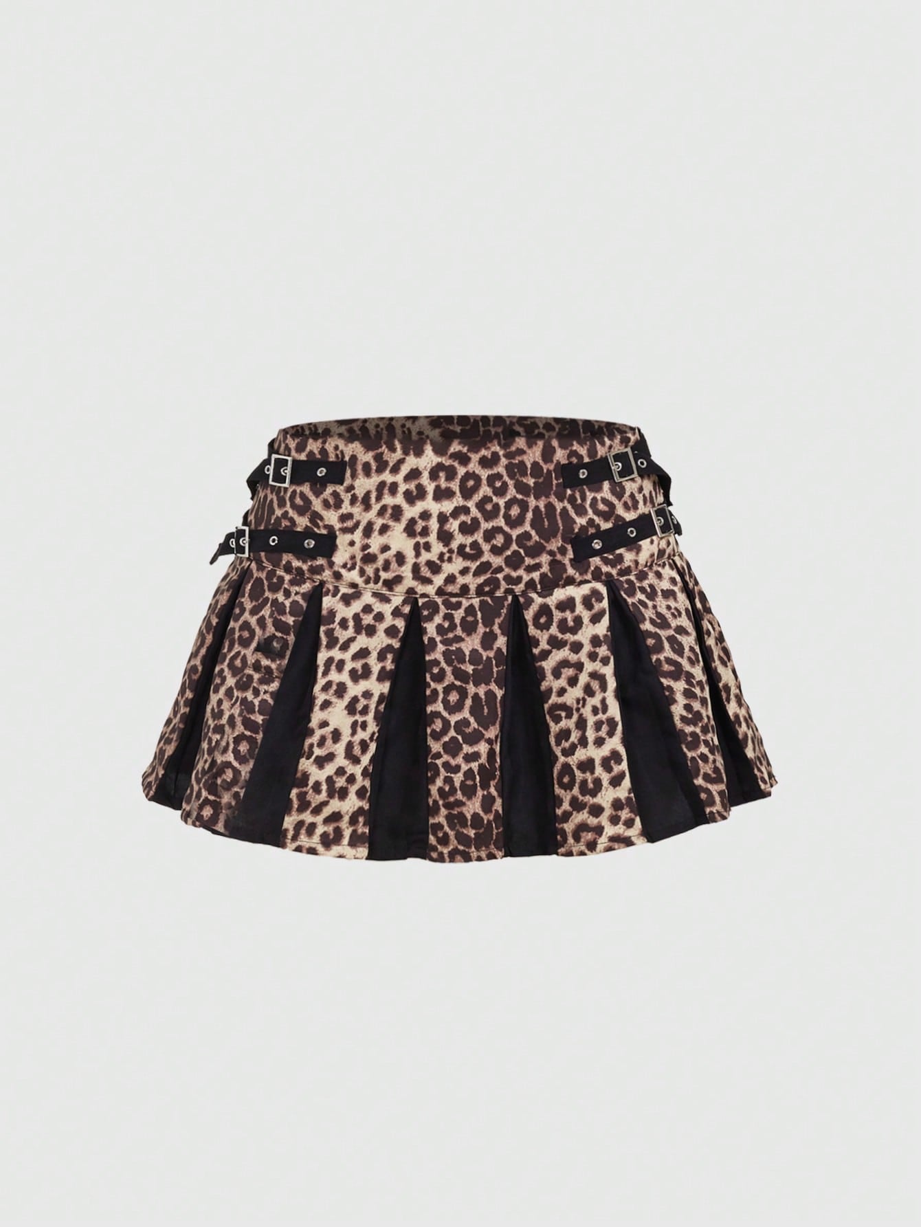 ROMWE Grunge Punk Minifalda plisada de cintura baja para mujer con estampado de leopardo y decoración de metal, estilo Harajuku Y2K