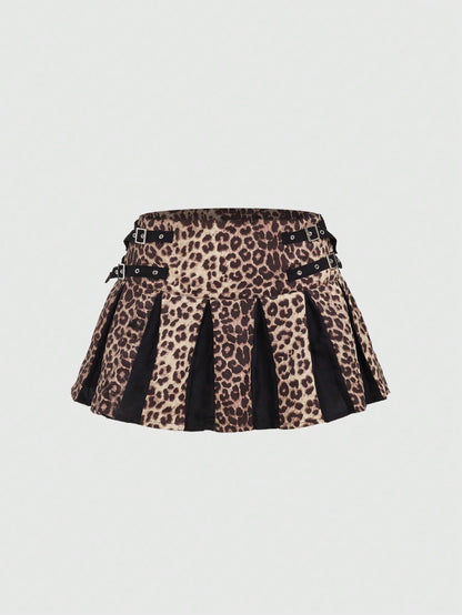 ROMWE Grunge Punk Minifalda plisada de cintura baja para mujer con estampado de leopardo y decoración de metal, estilo Harajuku Y2K