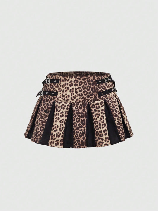 ROMWE Grunge Punk Minifalda plisada de cintura baja para mujer con estampado de leopardo y decoración de metal, estilo Harajuku Y2K