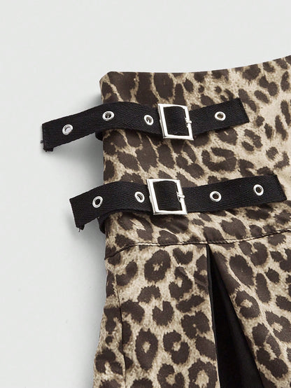 ROMWE Grunge Punk Minifalda plisada de cintura baja para mujer con estampado de leopardo y decoración de metal, estilo Harajuku Y2K