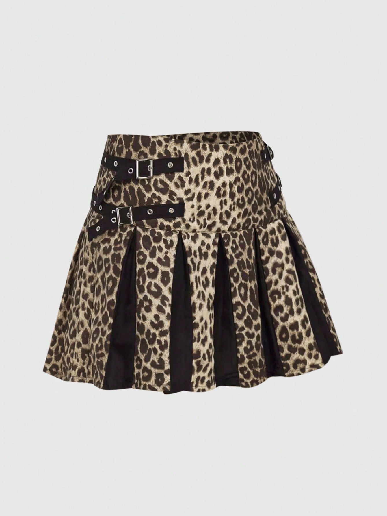 ROMWE Grunge Punk Minifalda plisada de cintura baja para mujer con estampado de leopardo y decoración de metal, estilo Harajuku Y2K