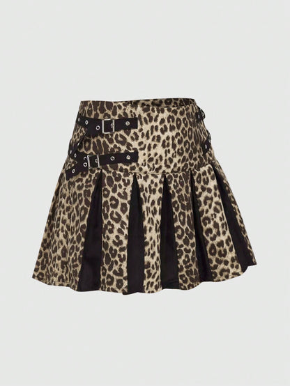 ROMWE Grunge Punk Minifalda plisada de cintura baja para mujer con estampado de leopardo y decoración de metal, estilo Harajuku Y2K