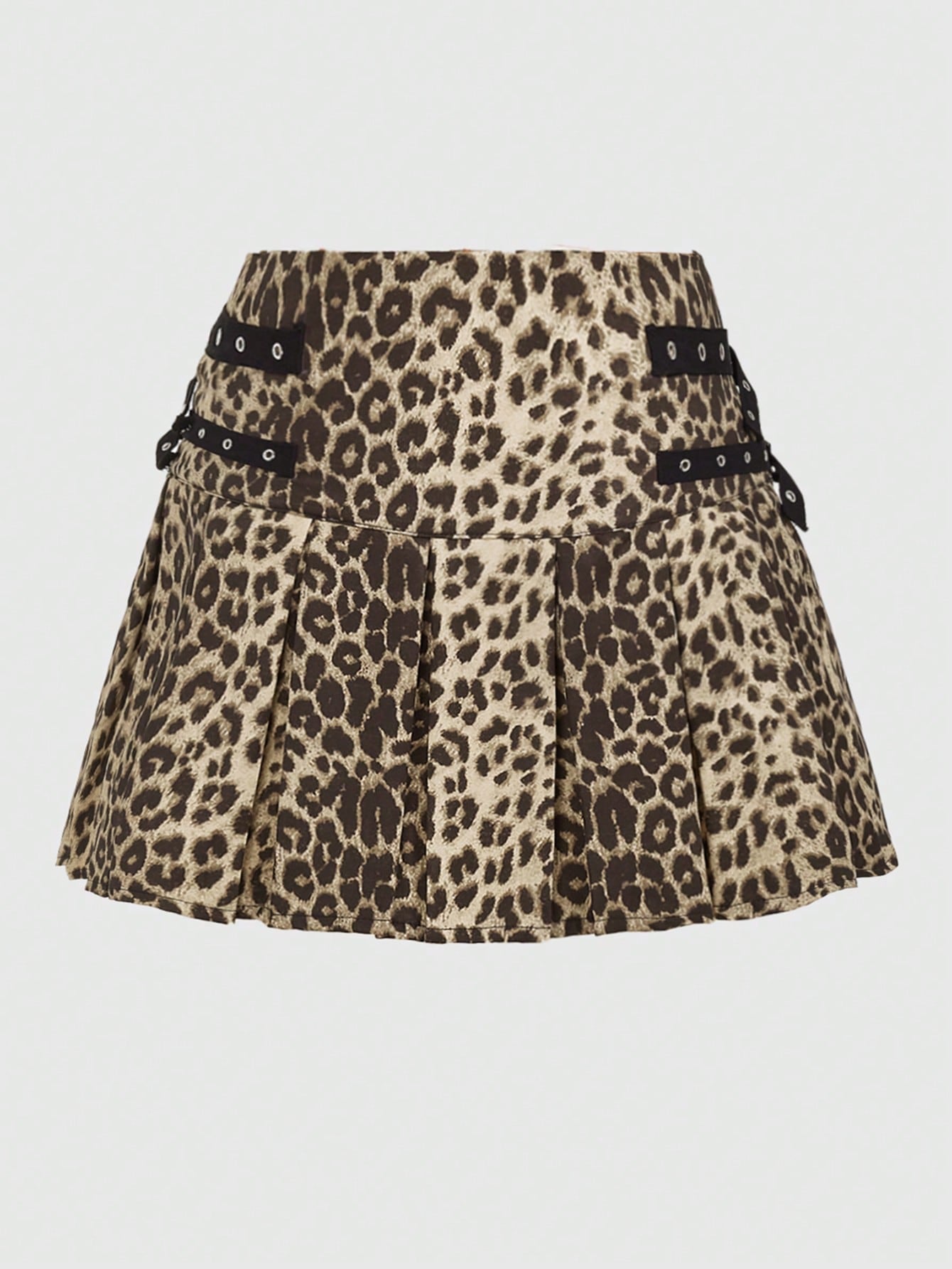 ROMWE Grunge Punk Minifalda plisada de cintura baja para mujer con estampado de leopardo y decoración de metal, estilo Harajuku Y2K