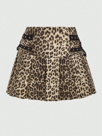ROMWE Grunge Punk Minifalda plisada de cintura baja para mujer con estampado de leopardo y decoración de metal, estilo Harajuku Y2K