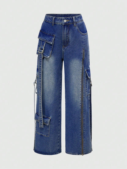ROMWE Grunge Punk Pantalones vaqueros de mujer con ajuste holgado, de moda para el verano
