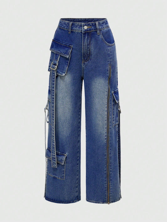 ROMWE Grunge Punk Pantalones vaqueros de mujer con ajuste holgado, de moda para el verano
