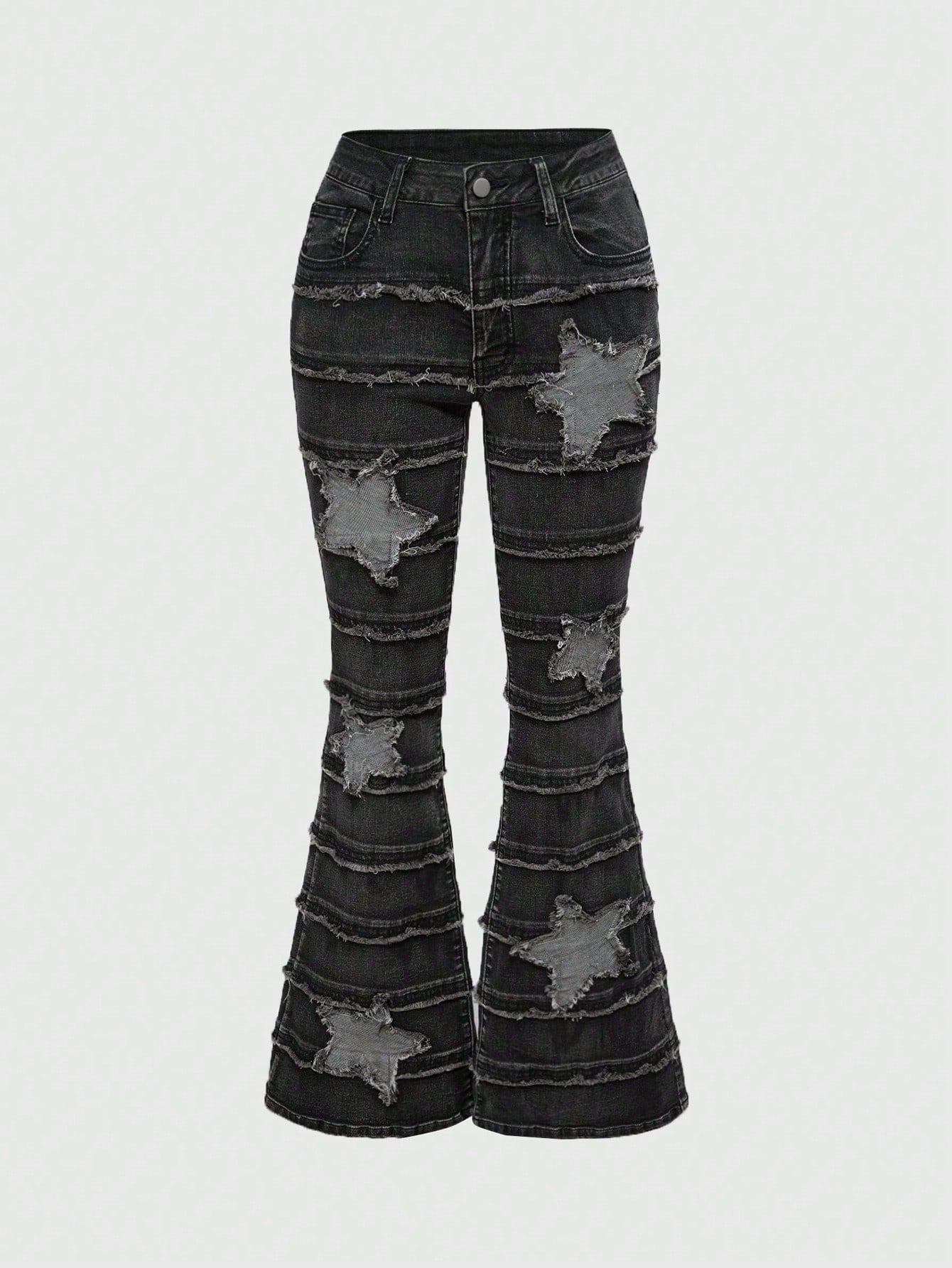 ROMWE Grunge Punk Pantalones vaqueros de tiro bajo con lavado desteñido, parches bordados con estrella y efecto desgastado en estilo Y2K