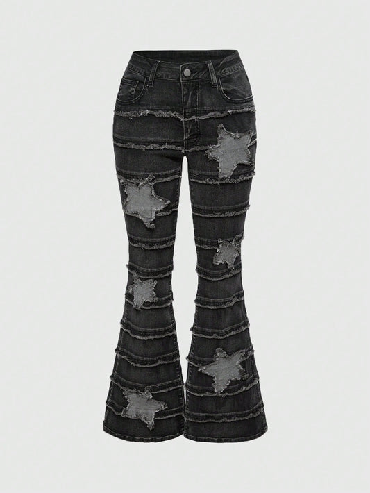 ROMWE Grunge Punk Pantalones vaqueros de tiro bajo con lavado desteñido, parches bordados con estrella y efecto desgastado en estilo Y2K