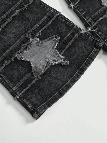 ROMWE Grunge Punk Pantalones vaqueros de tiro bajo con lavado desteñido, parches bordados con estrella y efecto desgastado en estilo Y2K